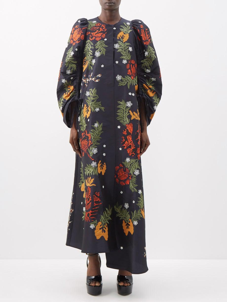 Imira floral-appliqué puff-sleeve taffeta dress by BIYAN