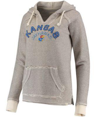Women's Cream Kansas Jayhawks Striped French Terry V-Neck Pullover Hoodie by BLUE 84