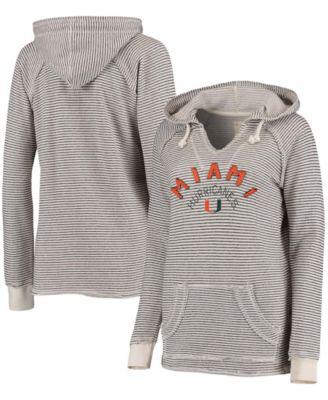 Women's Cream Miami Hurricanes Striped French Terry V-Neck Hoodie by BLUE 84