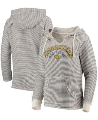 Women's Cream West Virginia Mountaineers Striped French Terry V-Neck Pullover Hoodie by BLUE 84