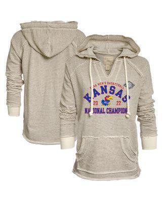Women's Cream and Gray Kansas Jayhawks 2022 NCAA Men's Basketball National Champions French Terry V-Neck Pullover Hoodie by BLUE 84