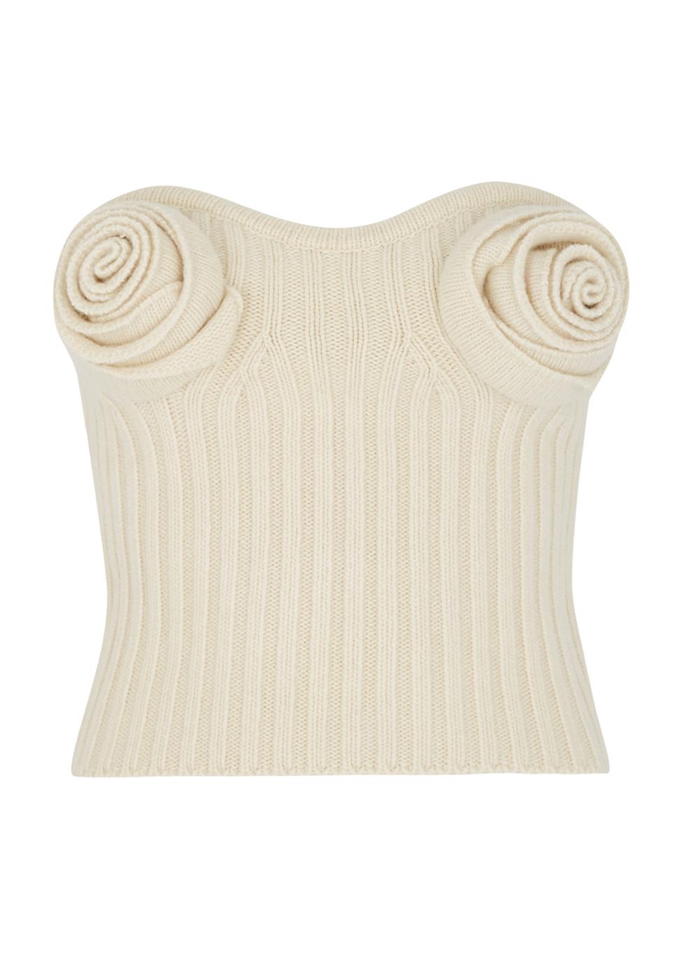 Rose-appliquéd strapless wool top by BLUMARINE