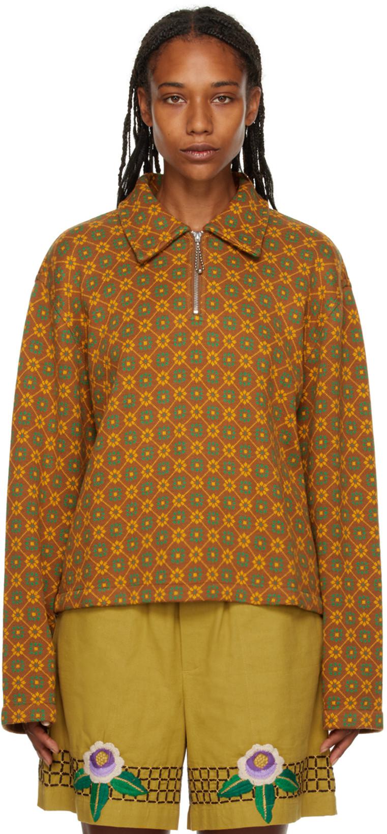 Brown Floral Half-Zip Sweater by BODE