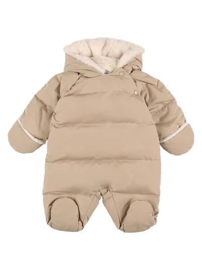 Hooded nylon & faux fur puffer romper by BONPOINT