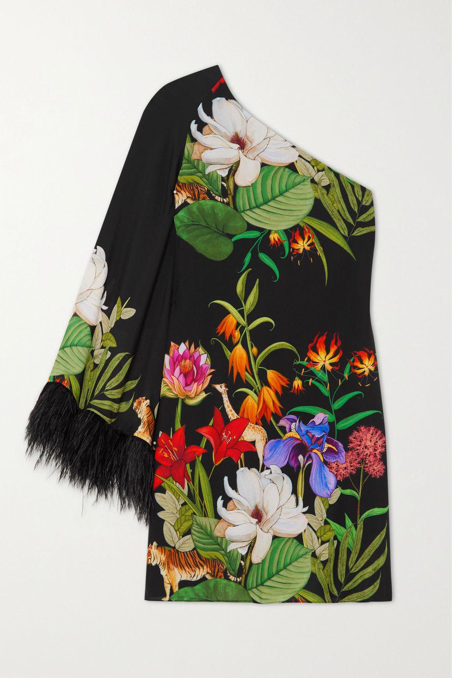 Vida one-sleeve feather-trimmed floral-print crepe de chine mini dress by BORGO DE NOR