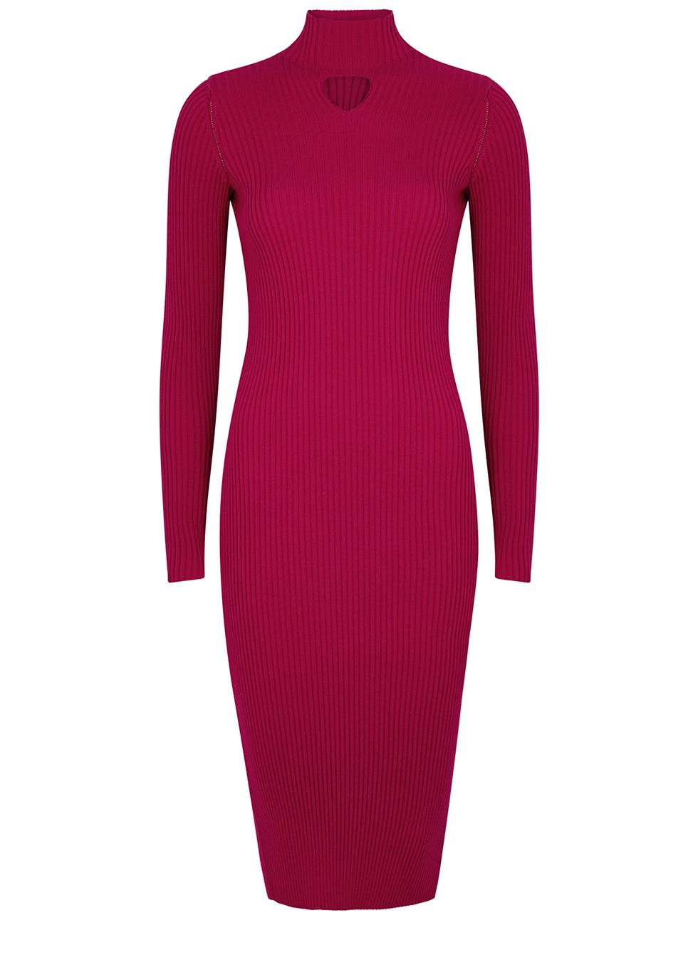 Dark pink ribbed wool-blend midi dress 