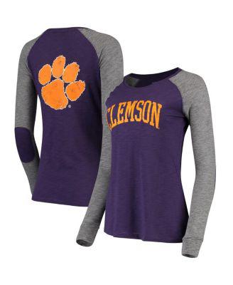 Women's Purple and Gray Clemson Tigers Preppy Elbow Patch 2-Hit Arch and Logo Long Sleeve T-shirt by BOXERCRAFT