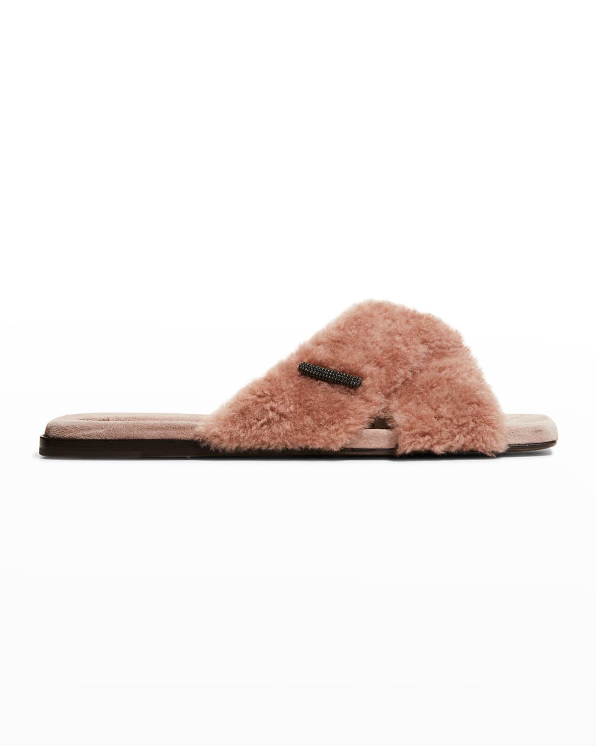 Crisscross Shearling Slide Slipper Sandals by BRUNELLO CUCINELLI