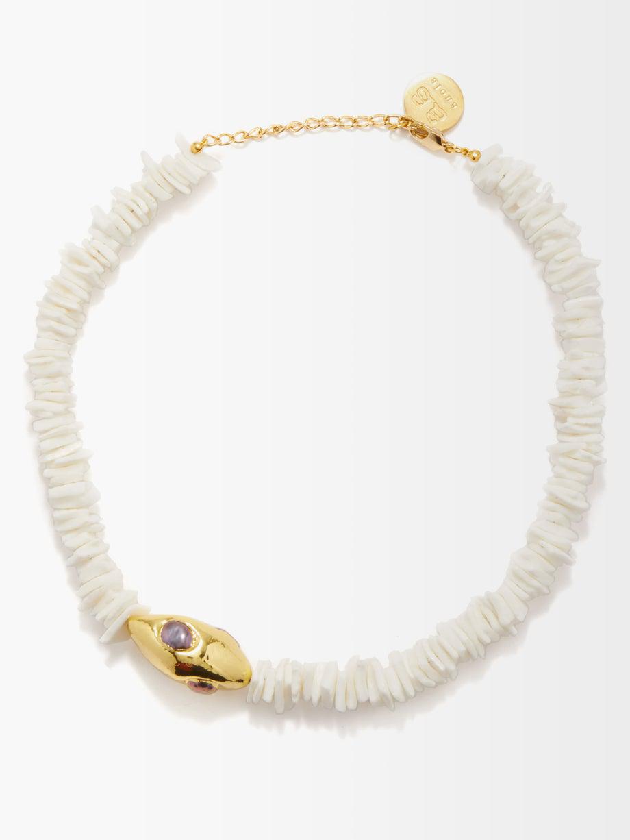 Koa shell, pearl & 18kt gold-plated necklace by BY ALONA