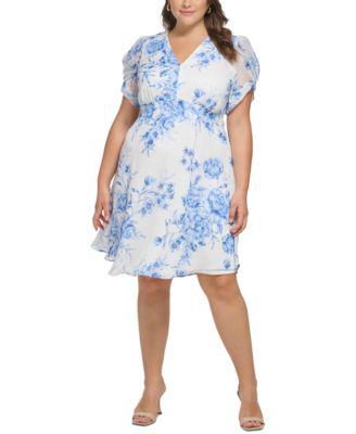Plus Size Floral-Print Puff-Sleeve A-Line Dress by CALVIN KLEIN | jellibeans