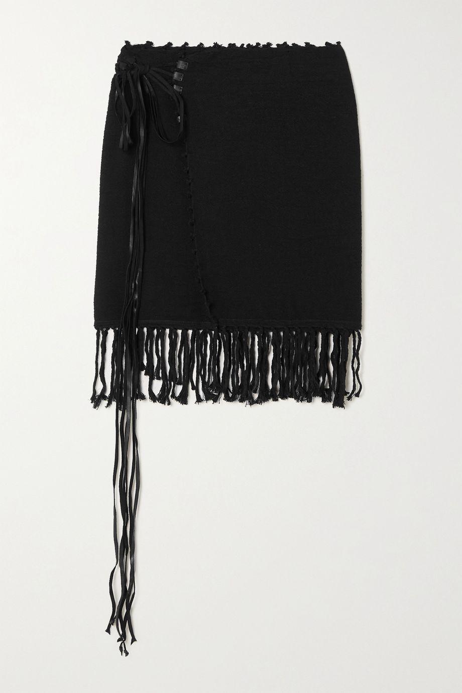 + NET SUSTAIN Lolmakal fringed leather-trimmed cotton-gauze mini wrap skirt by CARAVANA