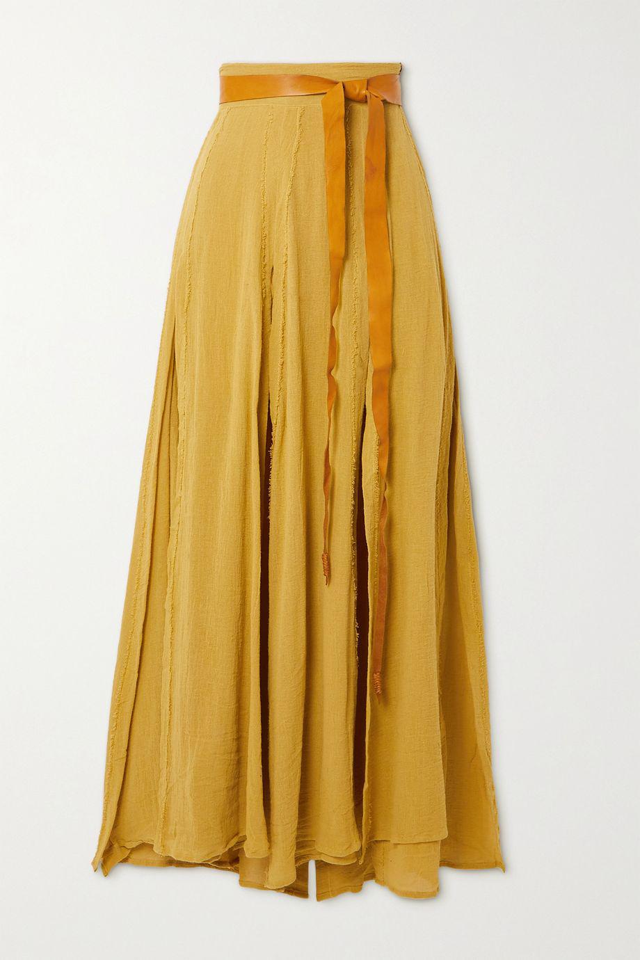 Suuk leather-trimmed frayed cotton-gauze maxi wrap skirt by CARAVANA