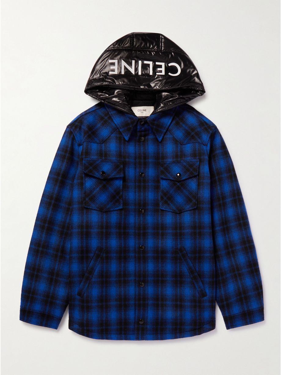 Logo-Print Nylon-Trimmed Checked Wool-Flannel Hooded Overshirt by CELINE