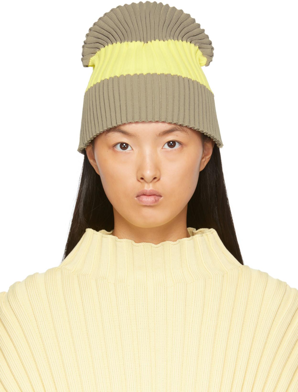 Taupe & Yellow Fluted Knit Beanie by CFCL