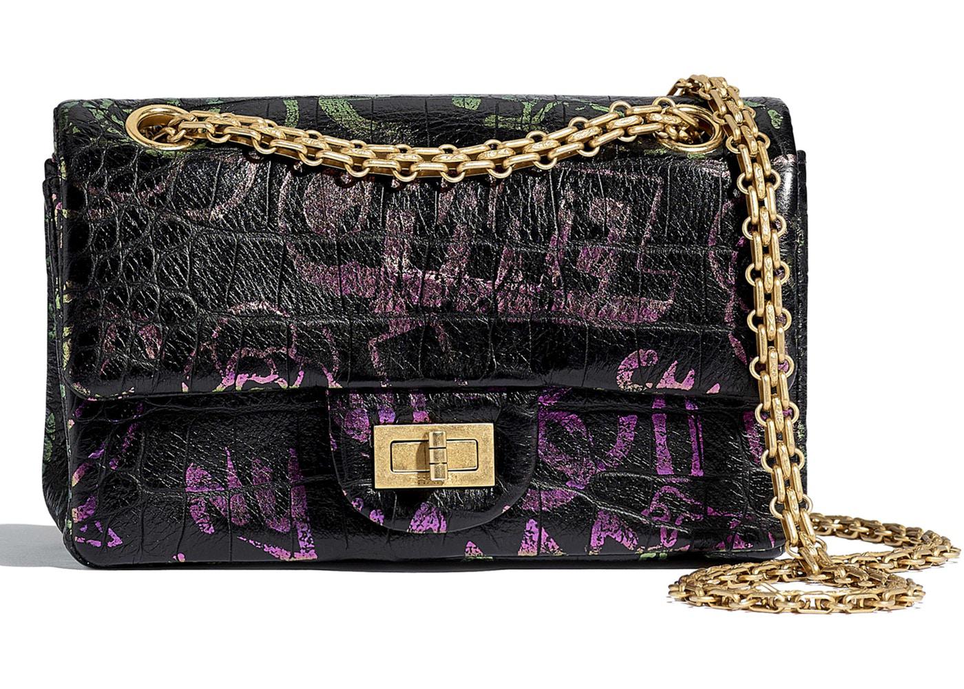 2.55 Handbag Crocodile Embossed Printed Leather Gold-tone Small Black/Pink by CHANEL