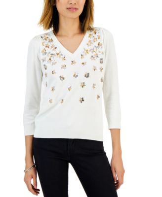 Petite Embellished V-Neck Sweater by CHARTER CLUB