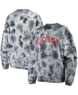 Women's White and Charcoal Wisconsin Badgers Tie Dye Corded Pullover Sweatshirt by CHICKA-D