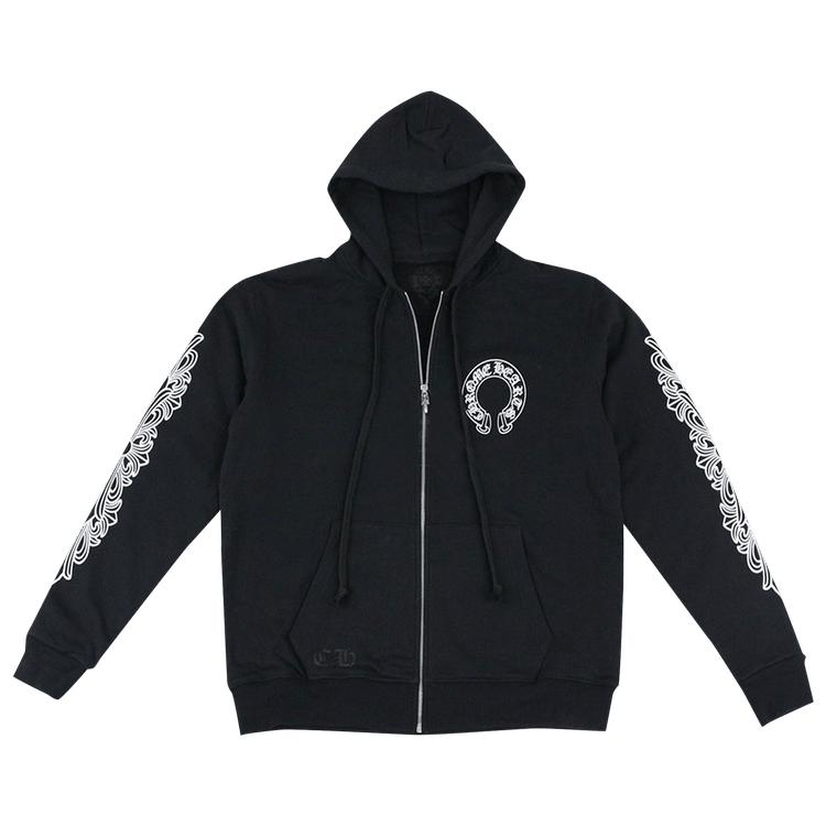Chrome Hearts Horseshoe Floral Cross Sleeve Zip Up Hoodie Black White 