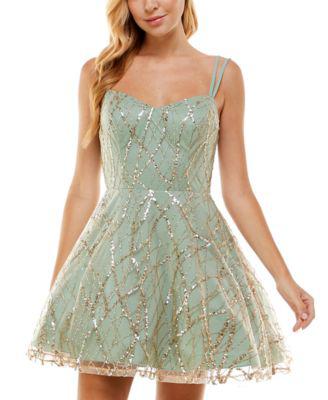 Juniors' Sequined Glitter Mesh Fit & Flare Party Dress by CITY STUDIOS