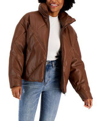 Juniors' Quilted Faux-Leather Puffer Coat by COFFEESHOP