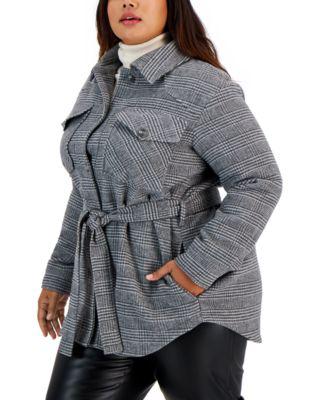 Trendy Plus Size Belted Shirt Jacket by COFFEESHOP