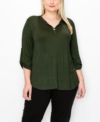 Plus Size 1 Button Henley Rolled Tab 3/4 Sleeve Top by COIN 1804