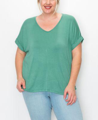 Plus Size V-neck Rolled Sleeve Top by COIN 1804