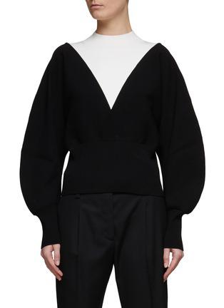TWO TONE HIGH NECK PUFF SLEEVE JUMPER by COMME MOI