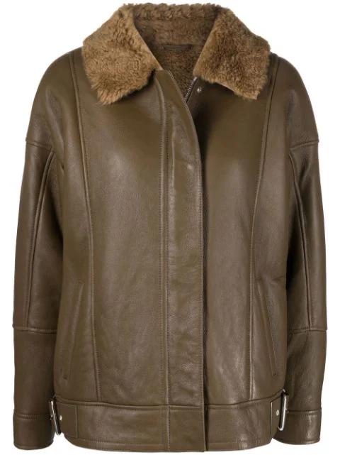 shearling-trim leather jacket by COMMON LEISURE