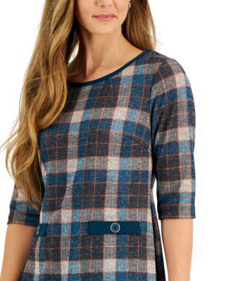 Petite Plaid 3/4-Sleeve Shift Dress by CONNECTED