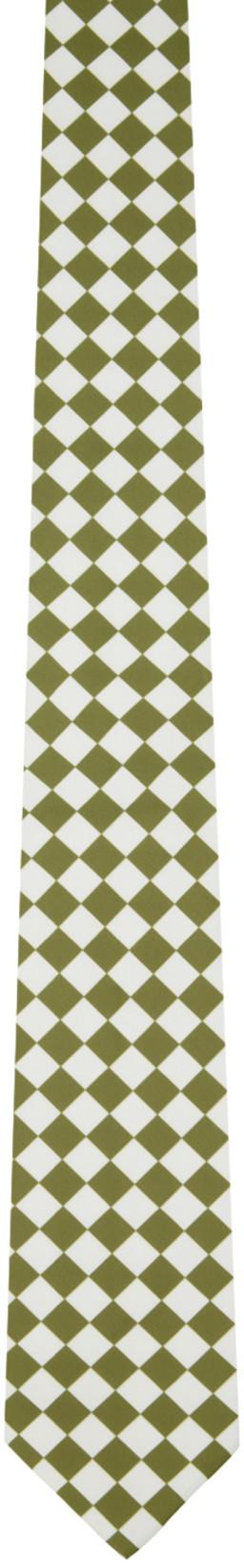 Green & Off-White Chess Print Neck Tie and Pocket Square Set by CONNOR MC KNIGHT