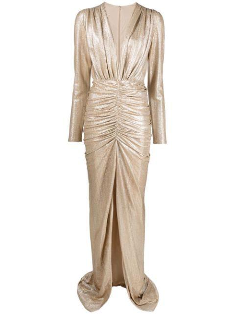 metallic effect ruched gown by COSTARELLOS