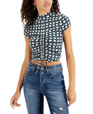 Juniors' Printed Cinched-Front Mock-Neck Top by CRAVE FAME