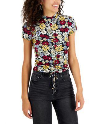 Juniors' Printed Cinched-Front Mock-Neck Top by CRAVE FAME