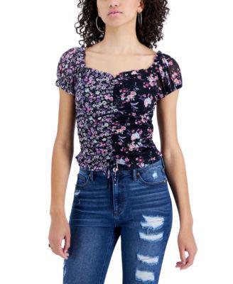 Juniors' Ruched Mixed-Print Top by CRAVE FAME