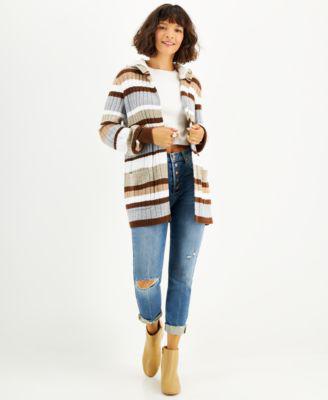 Juniors' Striped Sherpa-Lined Hooded Cardigan by CRAVE FAME