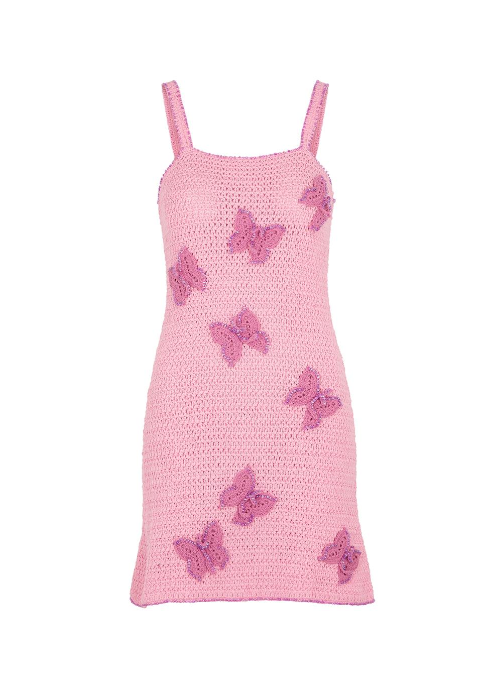 Beaded Butterfly pink crochet mini dress by CRO-CHE