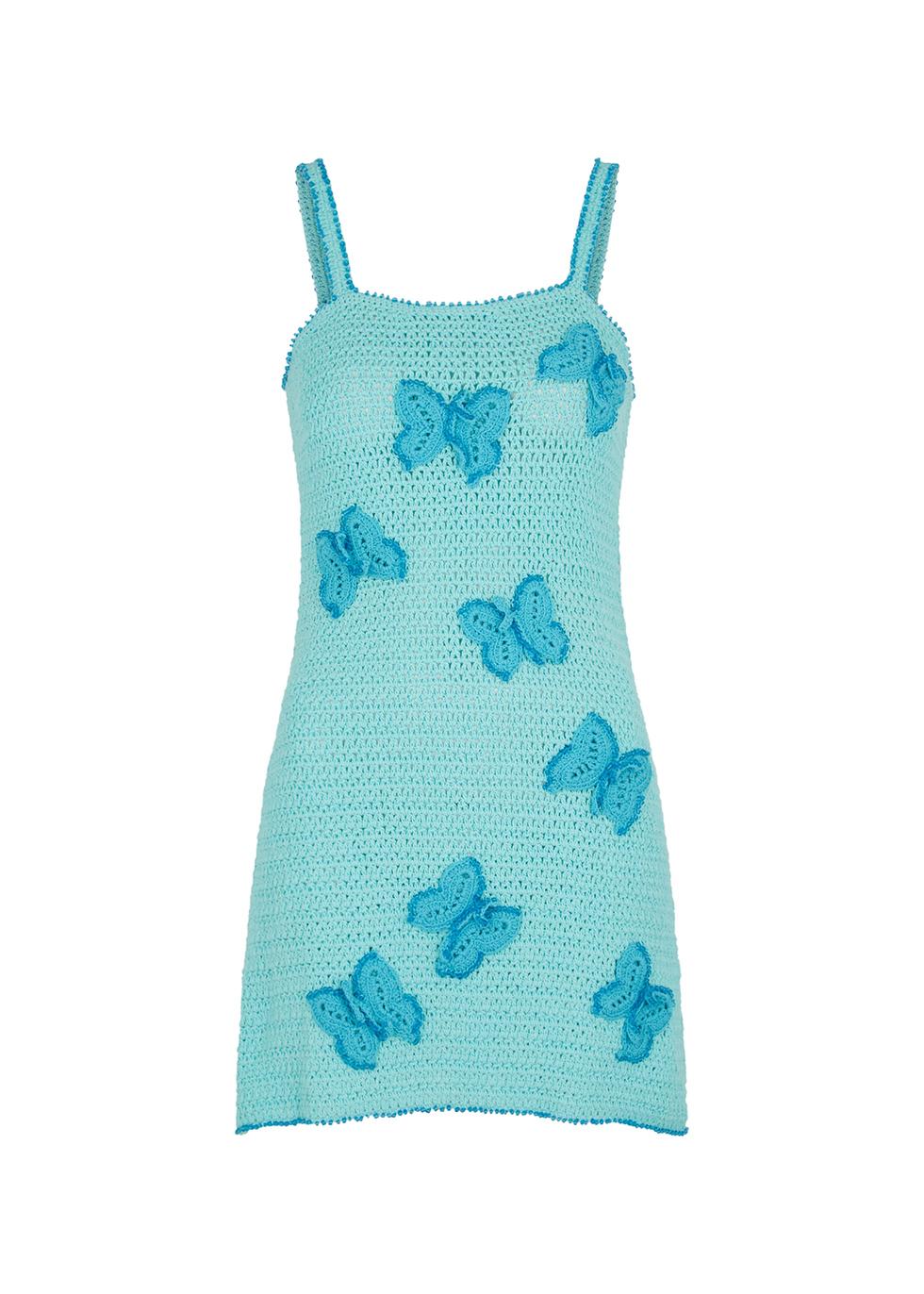 Beaded Butterfly turquoise crochet mini dress by CRO-CHE