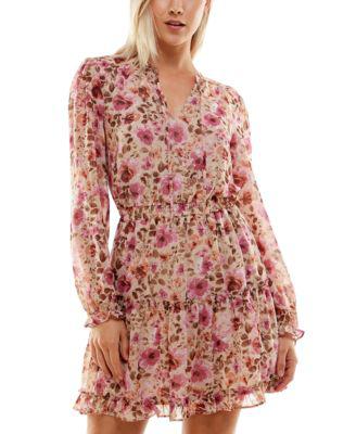 Juniors' Printed Long-Sleeve Fit & Flare Dress by CRYSTAL DOLL
