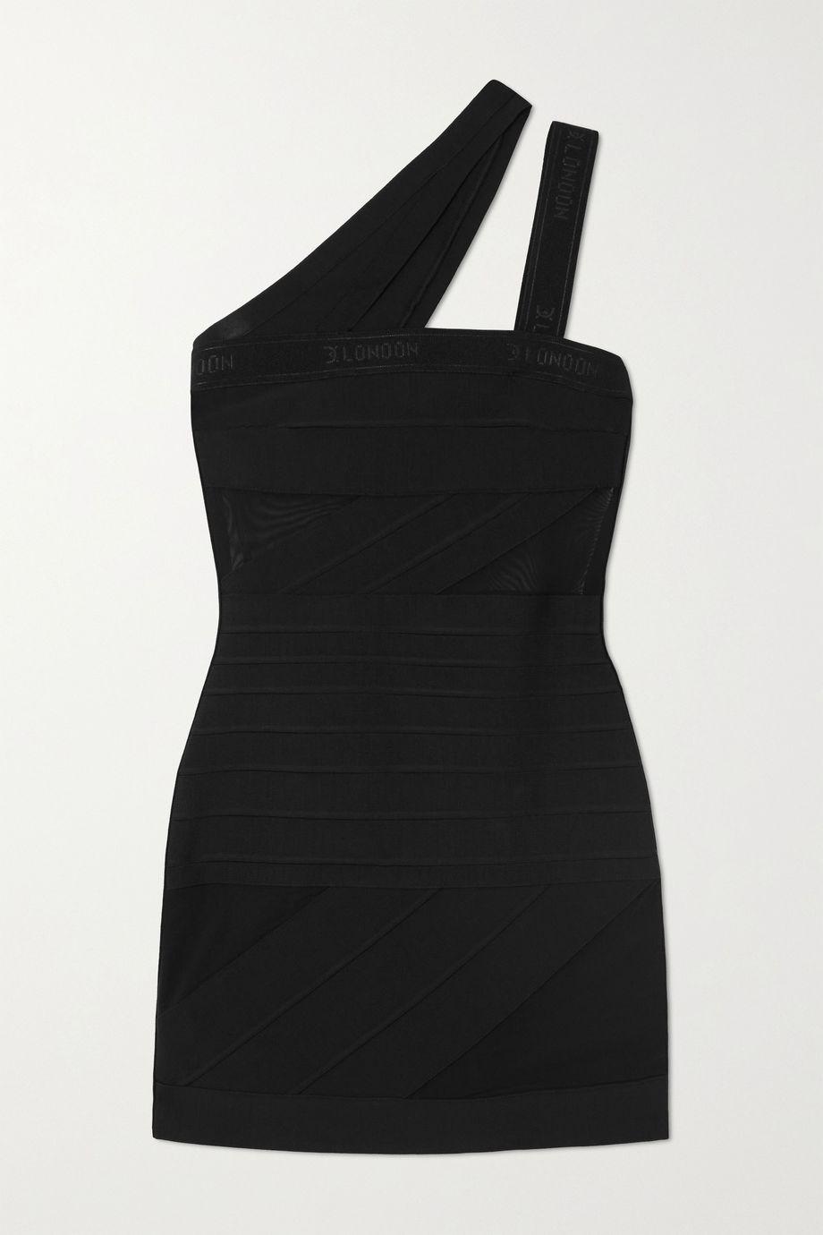Asymmetric one-shoulder stretch-knit and mesh mini dress by DAVID KOMA