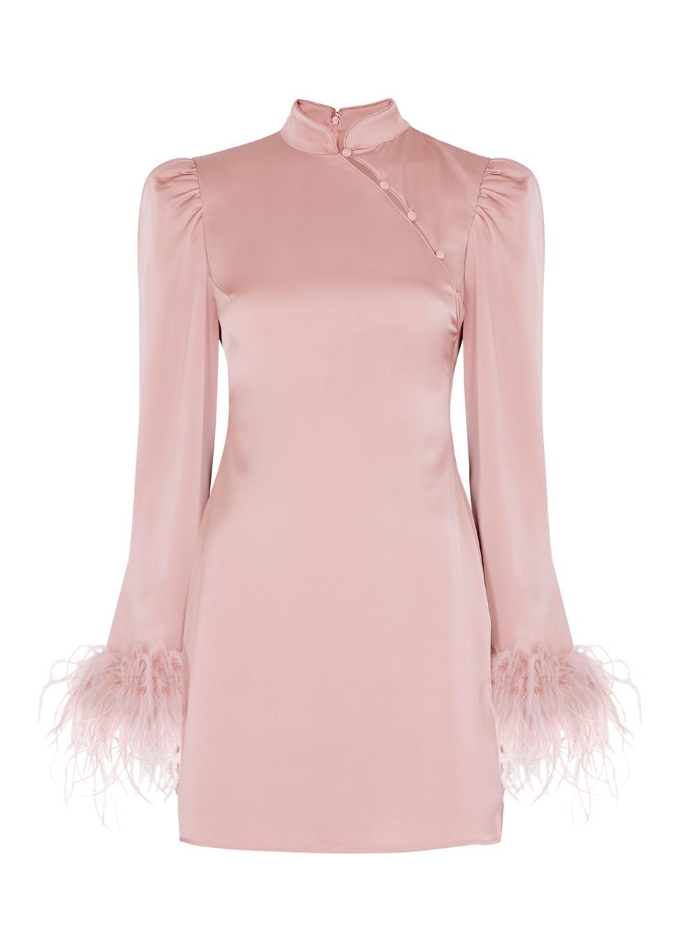 Limousine pink feather-trimmed satin mini dress by DE LA VALI