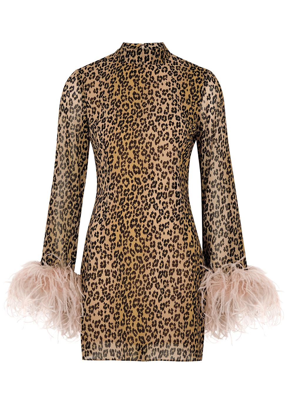 Wolfie leopard-print feather-trimmed chiffon dress by DE LA VALI
