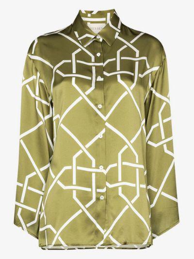 Green Printed Silk Pyjama Shirt by DES SEN