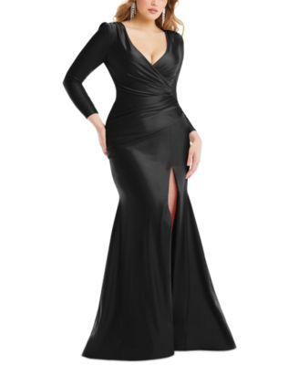 Women's Long-Sleeve Side-Ruched Satin Gown by DESSY COLLECTION