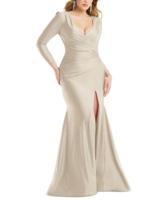 Women's Long-Sleeve Side-Ruched Satin Gown by DESSY COLLECTION