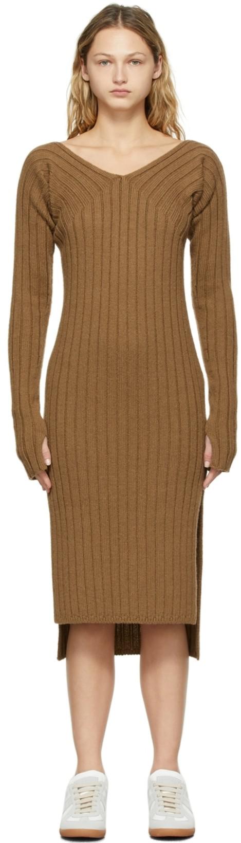 Brown Collagen Sleeve Knit Dress by DETERM;