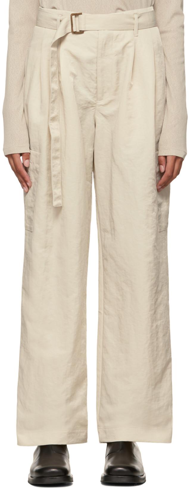 Beige Cinch Belt Trousers by DEVEAUX NEW YORK