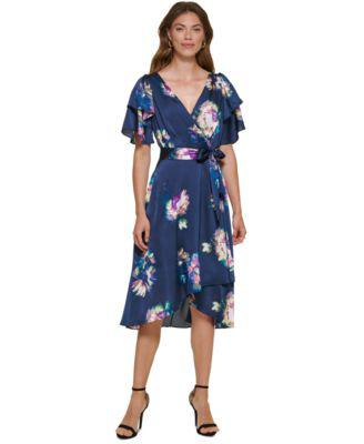 Petite Floral-Print Faux-Wrap Dress by 