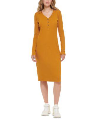 Women's Henley-Neckline Long-Sleeve Ribbed Dress by DKNY JEANS