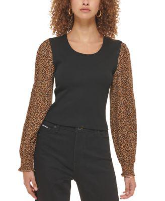 Women's Mixed-Media Printed-Long-Sleeve Top by DKNY JEANS